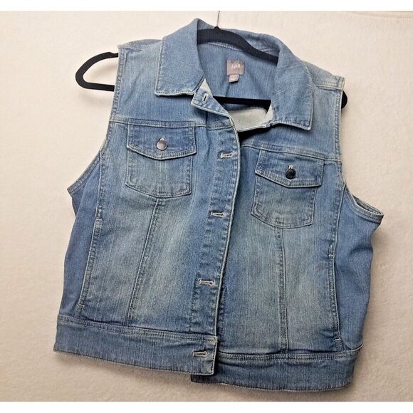 J.Jill Denim Trucker Vest Women L Cotton Blend Wash Blue Distress Pockets - Picture 2 of 13